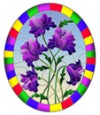 Stained glass illustration with a bouquet of a plant with purple flowers on a blue background in a bright frame, oval image Royalty Free Stock Photo