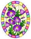 Stained glass illustration with a bouquet of purple daisys on a yellow background in a bright frame, oval image