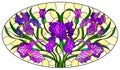 Stained glass illustration with   bouquet of purple irises, flowers, buds and leaves on yellow background, oval image Royalty Free Stock Photo