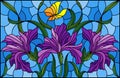 Stained glass illustration with a bouquet of purple irises and yellow butterflies on a blue background