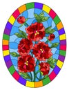 Stained glass illustration with a bouquet of red peonies on a blue background in a bright frame, oval image Royalty Free Stock Photo