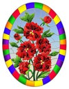 Stained glass illustration with a bouquet of red peonies on a blue sky background in a bright frame, oval image Royalty Free Stock Photo