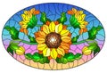 Stained glass illustration with a bouquet of sunflowers, flowers,buds and leaves of the flower on blue background, oval image Royalty Free Stock Photo