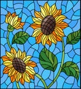 Stained glass illustration with a bouquet of sunflowers, flowers,buds and leaves of the flower on sky background Royalty Free Stock Photo