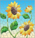 Stained glass illustration with a bouquet of sunflowers, flowers,buds and leaves of the flower on sky background Royalty Free Stock Photo