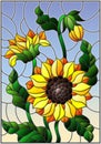 Stained glass illustration with a bouquet of sunflowers, flowers,buds and leaves of the flower on sky background Royalty Free Stock Photo