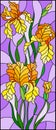 Stained glass illustration with bouquet of yellow irises, flowers, buds and leaves on purple background Royalty Free Stock Photo