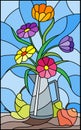 Stained glass illustration with bouquets of bright flowers in a metal jug, pears and apples on table on blue background