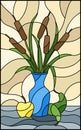 Stained glass illustration with bouquets of bulrush in a blue vase , pears and apples on table on beige background Royalty Free Stock Photo