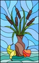 Stained glass illustration with bouquets of bulrush in a brown vase , pears and apples on table on blue background Royalty Free Stock Photo