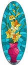 Stained glass illustration with  bouquets of gladioli in a pink vase on table on a blue background, oval image Royalty Free Stock Photo