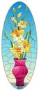 Stained glass illustration with  bouquets of gladioli in a pink vase on table on a blue background, oval image Royalty Free Stock Photo