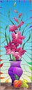Stained glass illustration with bouquets of gladioli in a purple vase and fruits on table on a blue background Royalty Free Stock Photo