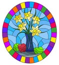 Stained glass illustration with  bouquets of Narcissus flowers in a blue vase and apples on table on blue background, oval image i Royalty Free Stock Photo