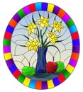 Stained glass illustration with bouquets of Narcissus flowers in a blue vase and apples on table on blue background, oval image in Royalty Free Stock Photo