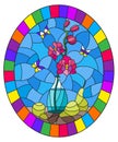 Stained glass illustration with  bouquets of pink orchid   in a  vase,butterflies  and pears on table on blue background, oval ima Royalty Free Stock Photo