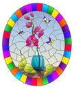 Stained glass illustration with bouquets of pink orchid   in a  vase,butterflies  and pears on table on blue background, oval imag Royalty Free Stock Photo