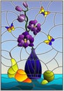 Stained glass illustration with bouquets of purple orchid in a blue vase,butterflies and pears on table on blue background Royalty Free Stock Photo