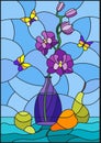 Stained glass illustration with bouquets of purple orchid in a blue vase,butterflies and pears on table on blue background Royalty Free Stock Photo