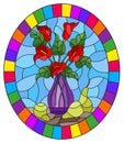 Stained glass illustration with bouquets of red Calla lilies flowers in a purple vase and pears on table on blue background,oval i Royalty Free Stock Photo