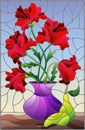 Stained glass illustration with  bouquets of red poppies flowers in a purple vase and pears on table on a blue background Royalty Free Stock Photo