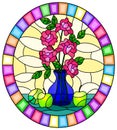 Stained glass illustration with bouquets of roses flowers in a blue vase and apples on table on yellow background, oval image in