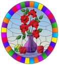 Stained glass illustration with bouquets of roses flowers in a purple vase and apples on table on blue background, oval image in