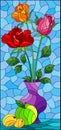 Stained glass illustration with bouquets of roses in a purple vase and fruits on table on a blue background