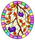 Stained glass illustration with a branch of black chokeberry, clusters of berries and leaves against the sky,oval image in bright