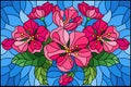Stained glass illustration with a branch of cherry blossoms, flowers, buds and leaves on a blue background