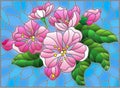 Stained glass illustration with a branch of cherry blossoms, flowers, buds and leaves on a blue background