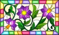 Stained glass illustration with a branch of a flowering plant with purple flowers on a yellow background in a bright frame,rectan Royalty Free Stock Photo