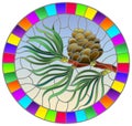 Stained glass illustration with a branch of larch, cone and needles on a branch on a blue background, oval image