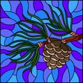 Stained glass illustration with a branch of larch, cone and needles on a branch on a blue background, square image Royalty Free Stock Photo