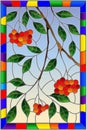 Stained glass illustration with a branch of mountain ash, clusters of berries and leaves against the sky in bright frame , vertic Royalty Free Stock Photo