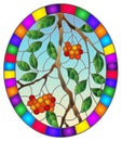 Stained glass illustration with  a branch of mountain ash, clusters of berries and leaves against the sky in bright frame , oval Royalty Free Stock Photo