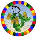 Stained glass illustration with the branch of an oak tree, acorns and leaves on the background of blue sky in a bright Royalty Free Stock Photo