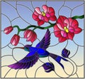 Stained glass illustration with a branch of pink Orchid and bright bird Hummingbird on a sky background