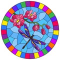 Stained glass illustration with a branch of pink Orchid and bright dragonfly on a blue background, round image in bright frame