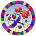 Stained glass illustration with a branch of pink  Orchid and bright Hummingbird on a sky background, round image in bright frame Royalty Free Stock Photo