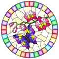 Stained glass illustration with  a branch of pink Orchid and bright purple butterfly on a yellow background, round image in bright Royalty Free Stock Photo