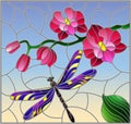 Stained glass illustration with a branch of pink Orchid and orange bright dragonfly on a blue background