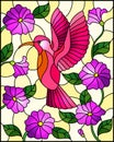 Stained glass illustration with a branch of purple flowers and bright pink bird Hummingbird on a yellow background