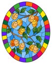 Stained glass illustration with branches, leaves and fruits of peaches, oval image in a bright frame Royalty Free Stock Photo