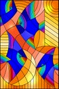 Stained glass illustration with bright abstract fishes on a geometric orange background