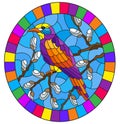 Stained glass illustration with a bright bird on willow branches against the sky,oval image in bright frame