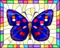 Stained glass illustration with bright blue butterfly on a yellow background in a bright frame Royalty Free Stock Photo