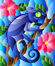 Stained glass illustration with  bright blue chameleon on plant branches background with leaves and flowers on blue background Royalty Free Stock Photo