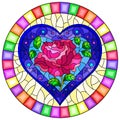 Stained glass illustration with bright blue heart and pink rose flower on blue background, oval image in bright frame Royalty Free Stock Photo