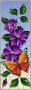 Stained glass illustration with bright butterfly against the sky, foliage and flowers,on sky background, vertical orientation